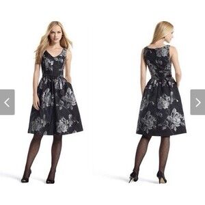 White House Black Market Womens 2 Black Metallic Floral Jacquard Fit Flare Dress
